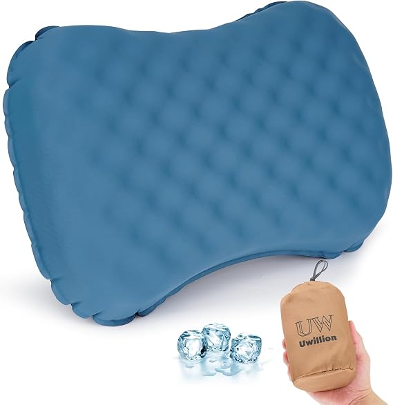 UWILLION Camping Pillow with Ice Silk Memory Foam Cover - Ultralight Inflatable Pillow for Camping Lightweight, Ergonomic and Washable for Camping, Hiking, and Travel Blue