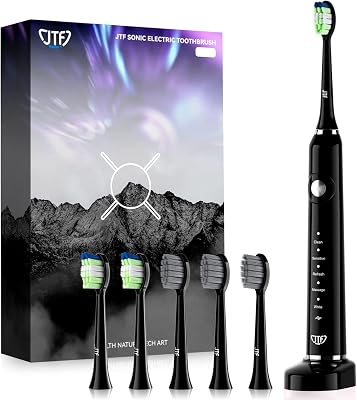 JTF Sonic Electric Toothbrush for Adults Power Rechargeable Toothbrushes Wireless Fast Charge and Long Lasting, Smart Timer 5 Modes Whitening Tooth Brush with 6 Brush Heads, Black