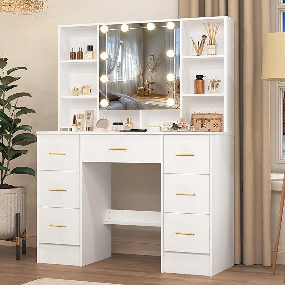 Large Vanity Table, White Vanity Set with Mirror and Lights, 7 Drawers 8 Shelve Makeup Desk with Metal Handles for Girls and Women, White