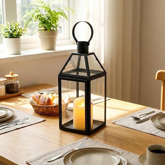 JHY DESIGN Black Decorative Lanterns 16H Decorative Candle Lantern with Tempered Glass for Indoor Outdoor Events Parities and Weddings