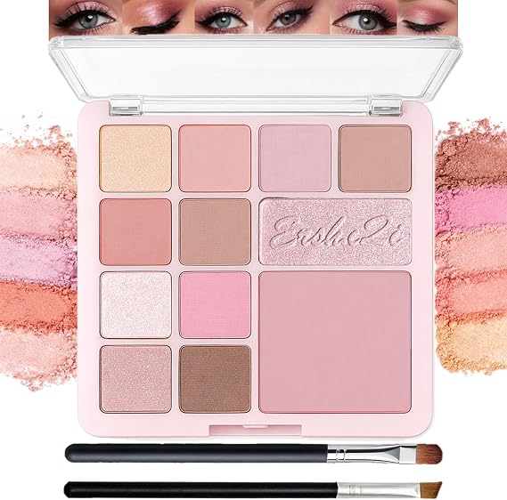 12-Colour Pink Eyeshadow Palette with Brushes - Matte Shimmer & Glitter Finishes for Natural & Glam Looks - Highly Pigmented Long Lasting Eye Makeup Gift Set for Women & Makeup Lovers