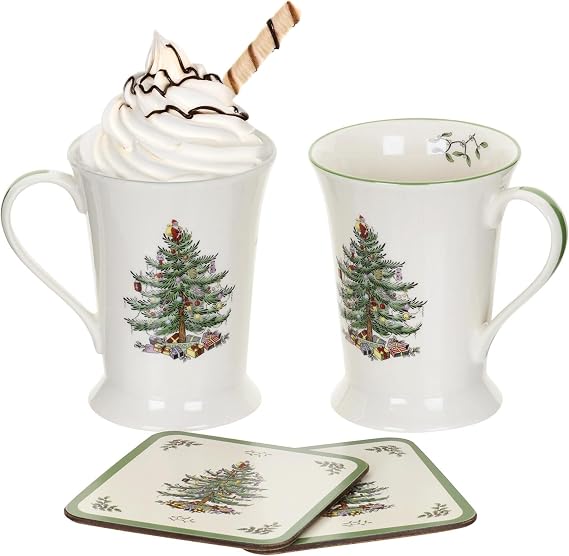 Spode Pimpernel Christmas Tree Mug & Coaster Set, 10 Oz - Set of 4