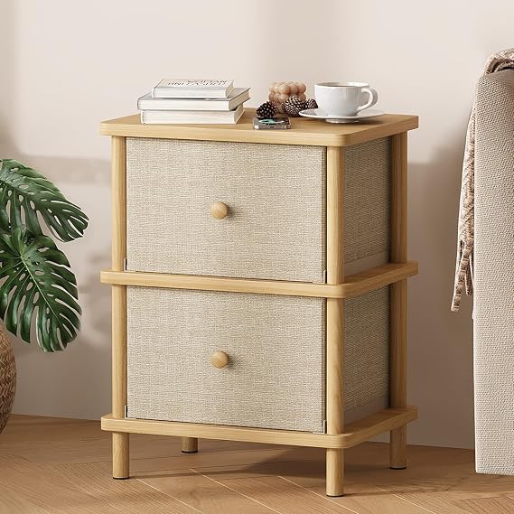 Apicizon Nightstand with 2 Drawers, Boho Side Table with Storage, Natural