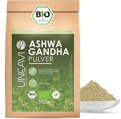 LINEAVI Ashwagandha Powder Organic 1000 g Finely Ground Ashwagandha Root in Organic Quality Ideal as an Addition to Smoothies Juices Golden Milk Moon Milk etc.