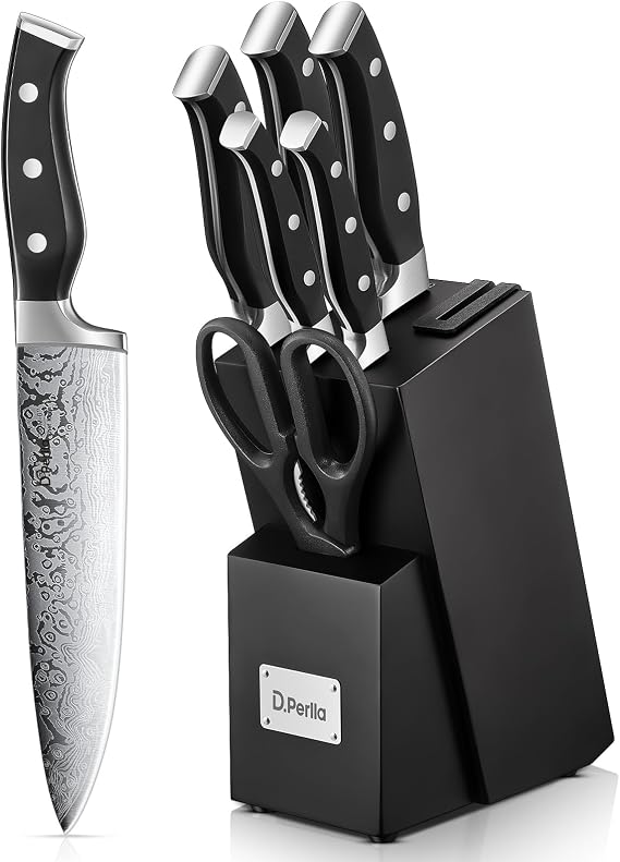 D.Perlla Professional Kitchen Knife Set, 7-Piece German Stainless Steel Kitchen Knife Block Set with Built-in Sharpener, Black