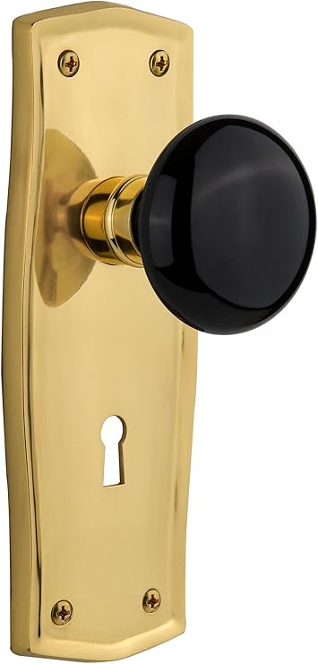 Nostalgic Warehouse Prairie Plate with Keyhole Black Porcelain Knob, Double Dummy, Polished Brass