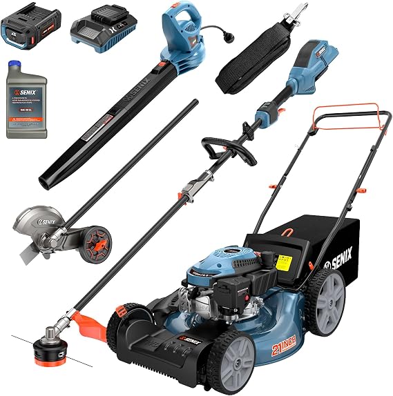 SENIX LSSG-M10 21'' Self Propelled Gas Lawn Mower 170cc | Multi-Head System Power Head X6 60V String Trimmer & Edger | BLE06-L 6-Amp Corded Leaf Blower Combo Kit, with 3.0 Ah Battery and Charger