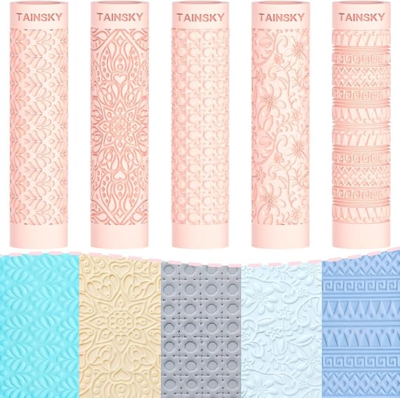 TAINSKY 5 pcs Polymer Clay Texture Roller, Pottery Stamps for Polymer Clay Earrings Jewelry, Embossing Pottery Texture Rollers for Jewelry Making#1