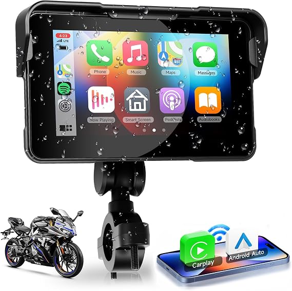 Wireless CarPlay for Motorcycle 5 Inch IPS Touchscreen Wireless Android Auto,Waterproof Touch Screen Portable Car Play, GPS Navigation CarPlay for Motorbike,Voice Control Safty,Tyre Pressure Monitor