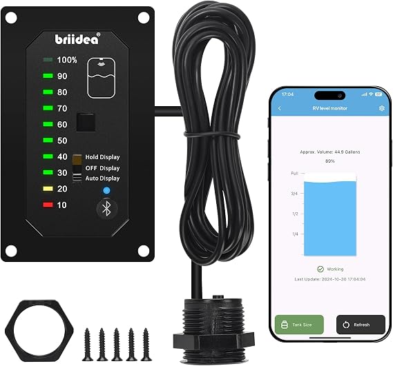 briidea Bluetooth RV Water Tank Level Sensor Monitor Indicator with App & LED Display, Precise Detection, Auto-Sense Modes, Ensures Water Supply for RVs, Boats, Caravans