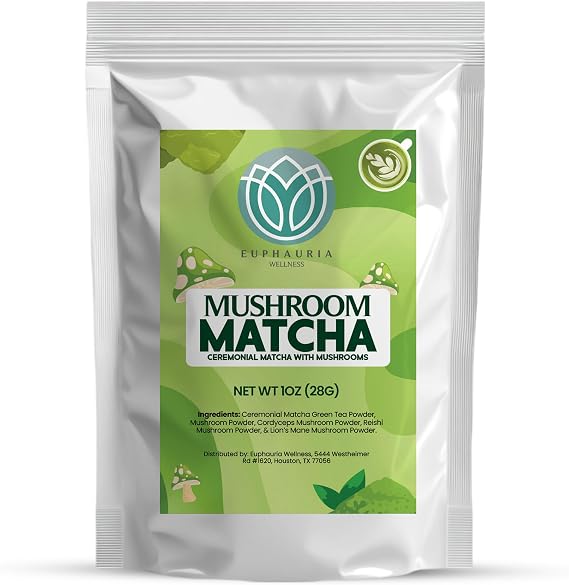 Mushroom Matcha Powder - Ceremonial Grade Japanese Matcha with Lions Mane, Reishi & Cordyceps - Superfood Mushroom Mix Blend for All Day Better Focus, Energy & Wellness - 1oz (28g)