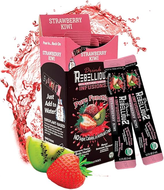Rebellious Strawberry Kiwi Organic Drink Mix Organic 0 Calorie Energy Drink Mix | Monk Fruit & Green Tea Extract | L-Theanine + Natural Caffeine | 100% Plant-Based | 10 Packs | Keto, Gluten-Free