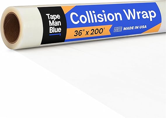 TapeManBlue Crash Wrap, 36 inch x 200 feet, Clear Collision Wrap for Car Windows & Damaged Vehicles, Self-Adhesive Broken Window Cover Film, Made in America