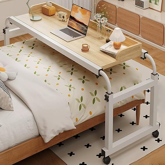Mobile Over The Bed Working Table with Wheels, Rolling Bed Table for Laptop, Home Adjustable Height overbed Table, Hospital Bed Table, Bedroom overbed Table, Portable Laptop Desk.