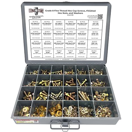 Fine Thread Grade 8 Hex Cap Bolts, Finished Hex Nuts, Washers, Lock Washers Metal Assortment Kit Containing 570+ Pieces!