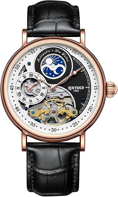 IK COLOURING Mens Luxury Skeleton Automatic Mechanical Wrist Watches Leather Moon Phrase Luminous Hands Self-Wind Watch,Tourbillon Automatic Waterproof Wrist Watch for Men Gift