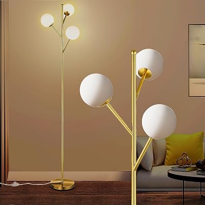 Globe Mid Century Tree Floor Lamp with 3 Light Bulbs,70in Tall Standing Glod Floor Lamp with Frosted Glass Shade for Living Room,Office,Bedroom, Study Room, Hotel, Antique Brass Lighting