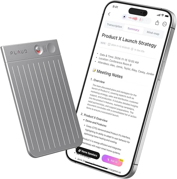 Plaud Note AI Voice Recorder Black with Black Case, App Control, AI Transcribe & Summarize, Support 112 Languages, 64GB Memory, Audio Recorder for Lectures, Meetings, Calls, Non-Pro Version