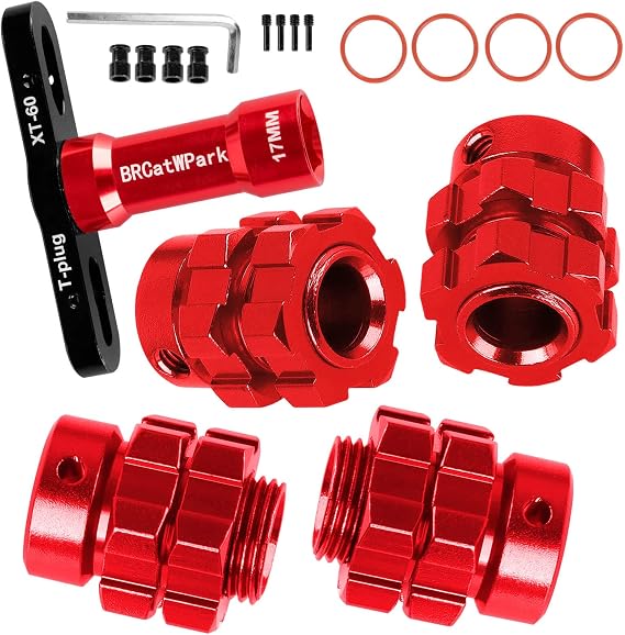 RC 17mm Wheel Hex 6mm Extended Wheel Hub Drive Upgrades Part for 1/10 E-Maxx/T-Maxx/E-Revo/Revo/Summit,4pcs Aluminum Hex Hub Adapters & Nuts w/Wrench,Replace Part #6469 5854,Red