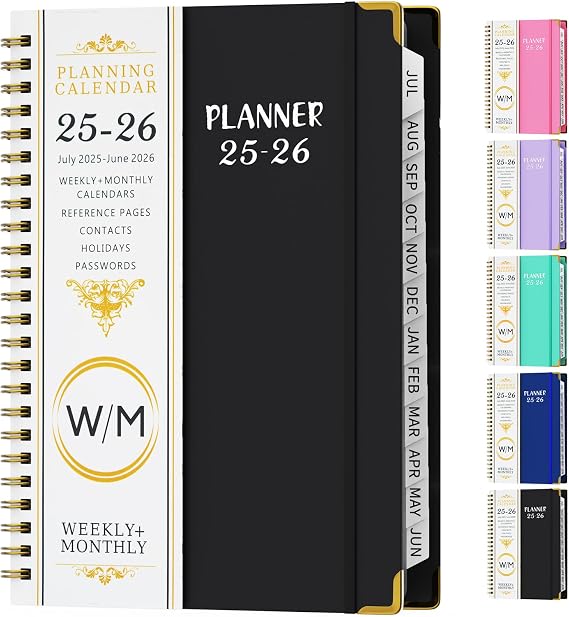 Daily Planner 2025-2026, Monthly and Weekly Calendar Planner with Tabs, July 2025 - Jun 2026, Inner Pocket, 6.2" x 8.5" A5 Size, Perfect for Office Home School Supplies, Spiral Bound, Black ﻿