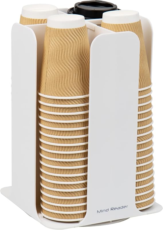 Mind Reader Cup and Lid Carousel, Countertop Org, Coffee Bar, Beverage Cup Holder, Plastic, 7.75"L x 7.75"W x 11.5"H, White