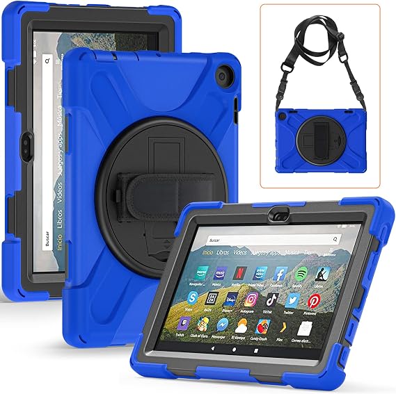 Case for Amazon Kindle Fire HD 8 2022 & Amazon Kindle Fire HD 8 Plus 2022, Protective Rugged Kids Case with Shoulder Strap, Hand Strap, 306 Rotating Kickstand