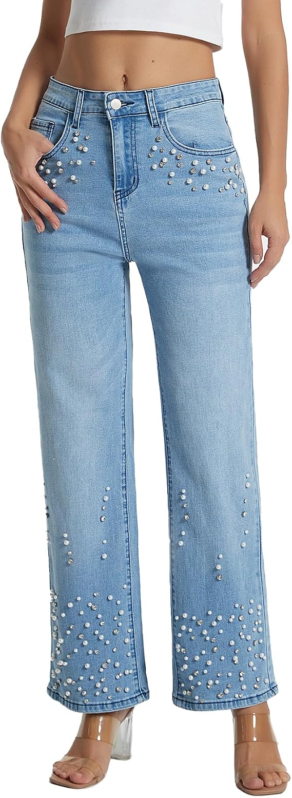 Kedera Womens High Waisted Rhinestone Jeans Casual Straight Wide Leg Bling Sparkly Pants Diamond Denim Jean Trousers