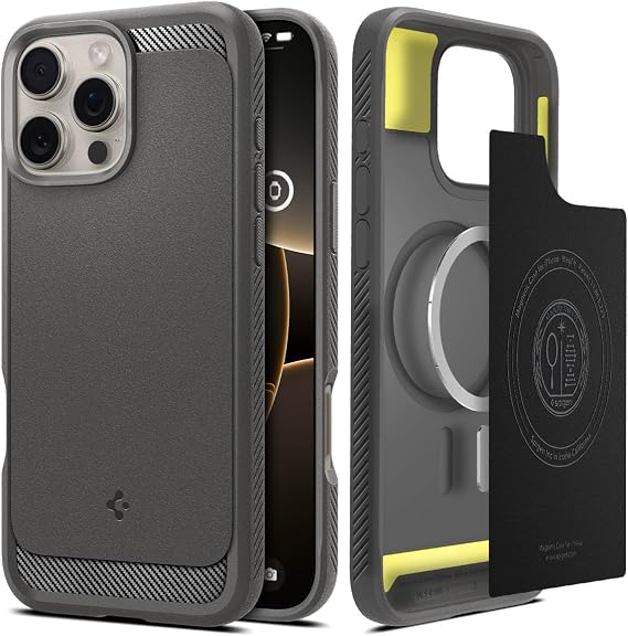 Spigen iPhone 16 Pro Max ile Uyumlu MagSafe Kılıf Rugged Armor Mag Fit Üst Düzey Koruma Gri Karbon Kapak - ACS07987 (Spigen TR Garantili)