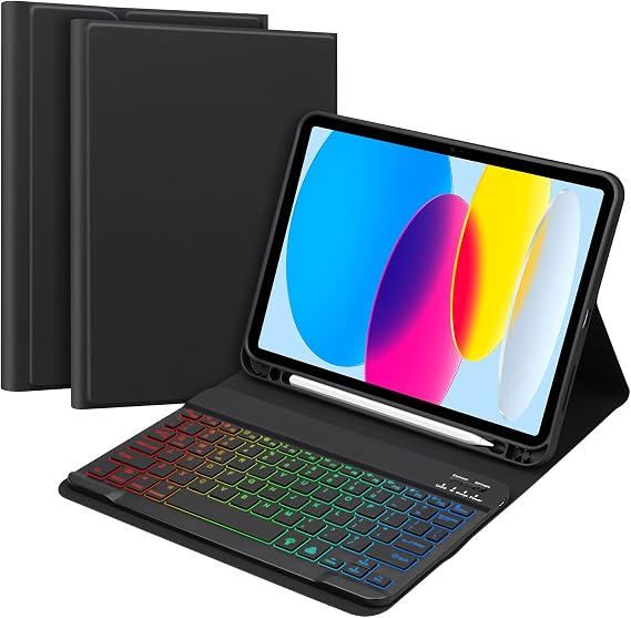 iPad 10th Generation Keyboard Case, GOOJODOQ 2022 iPad 10 7 Colors Backlit Wireless Keyboard Cover 10th 10.9 Inch Case with Detachable Pen Holder Stand Function Auto Sleep Function Multi-Angle Adjustment Scratch Resistant Durable Black