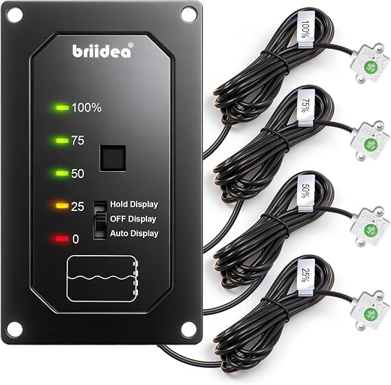 Briidra RV Water Tank Level Monitor System with Probeless Adhesive Sensors, LED Indicator, Motion-Sensing Light, Ensures Water Supply for Plastic Tanks up to 40 Gallons on 7-32V DC RVs, Boats