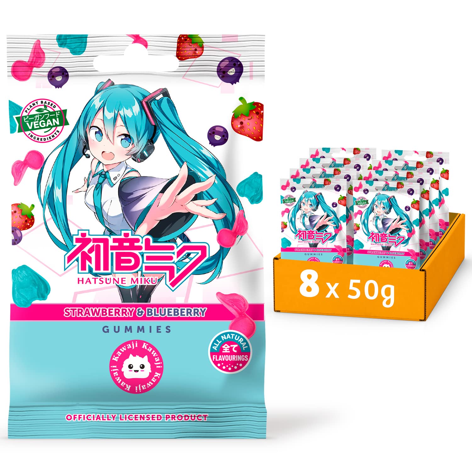 Anime Vocaloid Hatsune Miku Vegan Gummy Bears - Fruit Gum Flavor: Strawberry & Blueberry 8 x 50 g