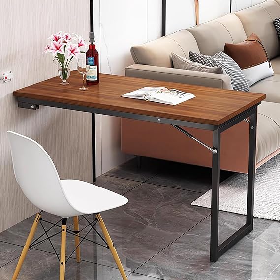 Wall Mounted Dining Table,Solid Wood Wall Folding Table Kitchen Table for Small Spaces,Foldable Wall Table Retractable Floating Desk Fold Up Table Desk(35.4"x19.7"x29.5", Brown)
