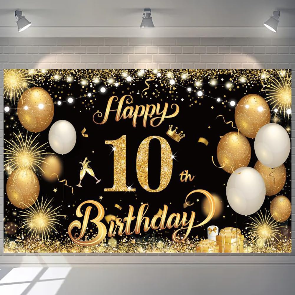 Happy 10th Birthday Banner Gold 1.1 x 1.8m Happy Birthday Banner Backdrop 10th birthday Decorations for Boys Girls, 10 Years Old Anniversary Party Supplies (Black Gold)