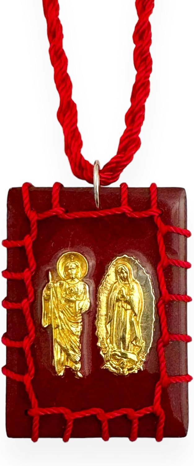 GCK Our Lady of Guadalupe St Jude Red Wood Scapular Necklace Reversible Gold Plated Charm Escapulario Rojo Madera San Judas Tadeo Virgen