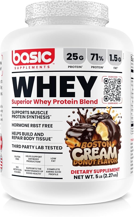 BASIC SUPPLEMENTS Whey Protein Powder, 25g Protein, Complete Amino Acid Profile, Gluten-Free, Low Fat, RBST-Free, Supports Muscle Recovery & Antibody Health