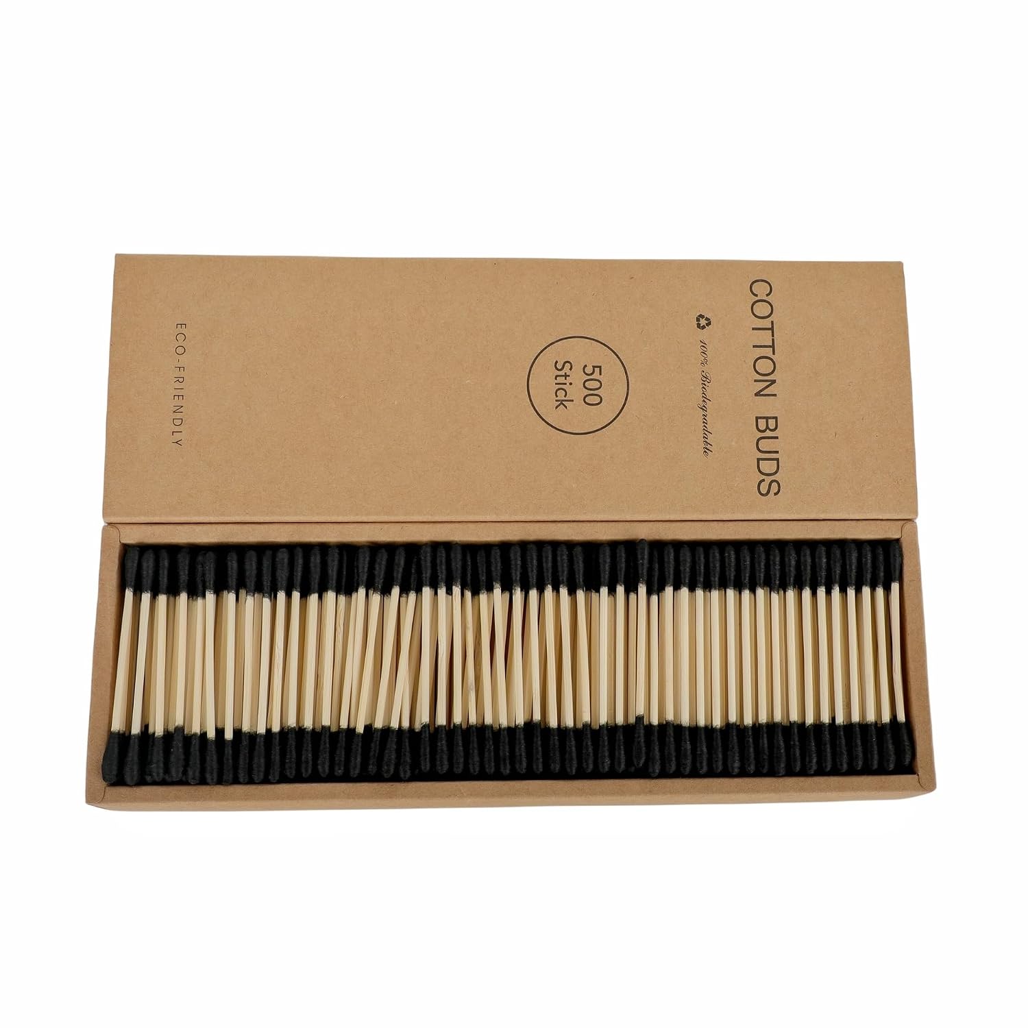 500 Counts Cotton Swab Natural Double Round Cotton Tip Cotton Bud, with Solid Wood Stick, Double-sided Cotton Tip 500 pcs,Black
