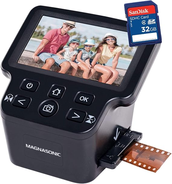 Magnasonic All-in-One 24MP Film Scanner with Large 5" Display & HDMI, Converts 35mm/126/110/Super 8 Film & 135/126/110 Slides into Digital Photos, Built-in Memory with Bonus 32GB SD Card (FS71)