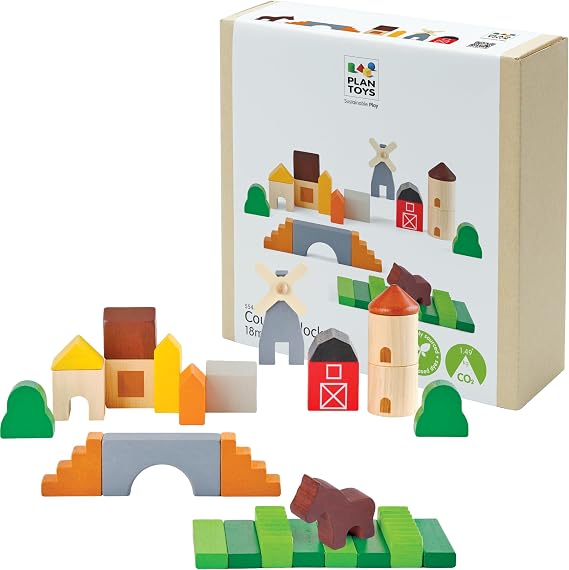 PlanToys Country Blocks Wooden Montessori Building Imaginative Kids Play