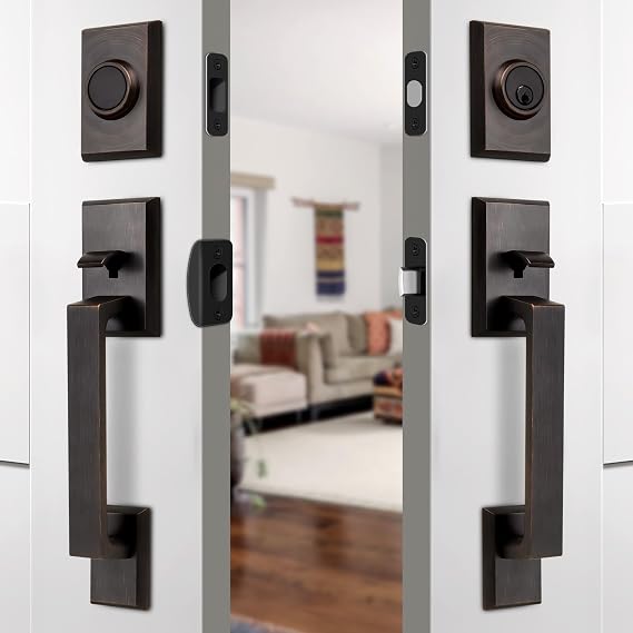 Moquin Double Front Door Lock Set, Oil Rubbed Bronze Square Front Door Hardware Set with Dummy, Heavy Duty Door Handle with Deadbolt, Double Entry Door Lock Set with Reversible Handle
