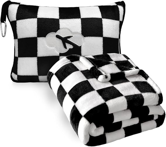 Travel Blanket and Pillow Compact, Premium Soft 2 in 1 Airplane Blanket with Soft Bag Pillowcase,Hand Luggage Sleeve and Backpack Clip (Checkered Black)