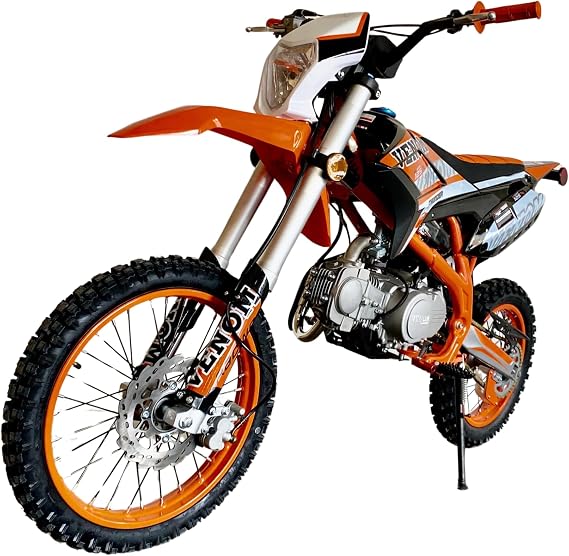 125cc Venom Thunder Off-Road Dirt Bike, 4-Speed Manual, Headlight Installed, Orange, Thick Frame, 55MPH Speed, Front & Rear Disc Brakes, Heavy-Duty Suspension, Beginner-Friendly for 16+ Riders