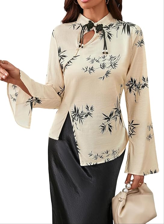 SweatyRocks Women's Chinese Cheongsam Top Floral Print Mock Neck Flare Long Sleeve Split Blouses