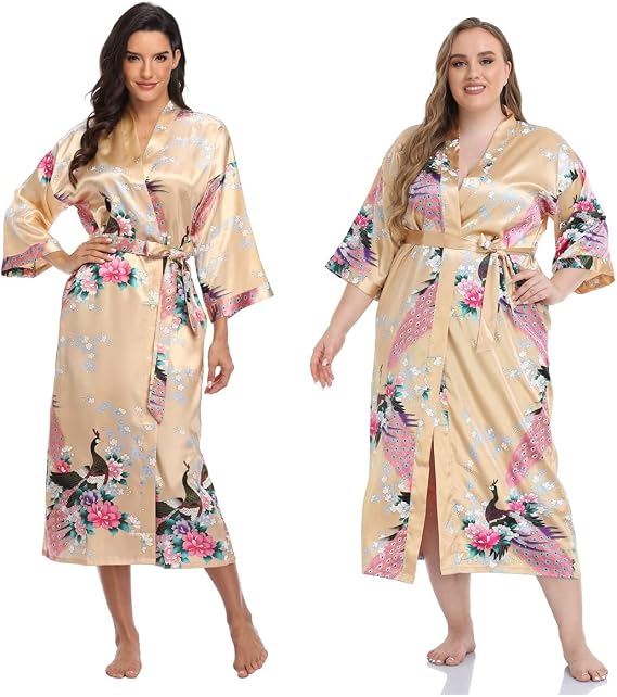 Super Shopping-zone Women's Floral Long Silk Kimono Robes Satin Dressing Gown Peacock Blossoms