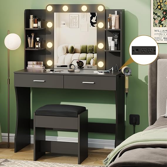 Halitaa Vanity Desk with Mirror and Lights, Makeup Vanity Table Set with 2 Drawers & Chair, 3 Lighting Modes & Adjustable Brightness Dressing Table with Power Outlet for Bedroom Dressing Room, Black