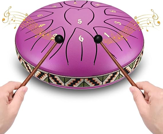 Rain Drum Tongue Drum 6 Inch 11 Note C-Key Steel Tongue Drum Percussion Instrument Handpan Drum with Carry Bag Music Book Mallet Finger Picks for Gifts Meditation (Purple)