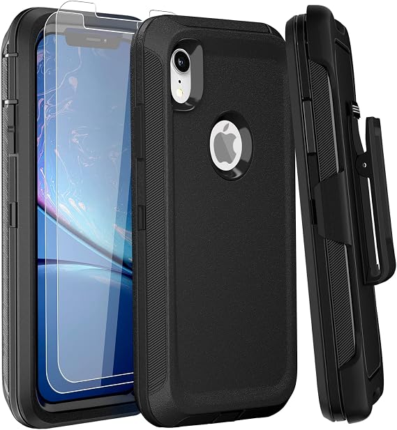 for iPhone XR Case 6.1" Belt Clip Holster Kickstand with 2 Screen Protector Tempered Glass, Drop-Proof Phone Case Heavy Duty Full Body Protective Cover (Black+Clip)