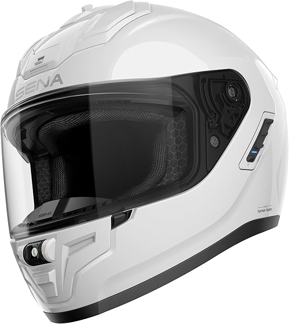 Sena Phantom Full Face Smart Motorcycle Helmet with Integrated Communications, LED Lighting, and 2nd Generation SOUND by Harman Kardon (Gloss White, S)