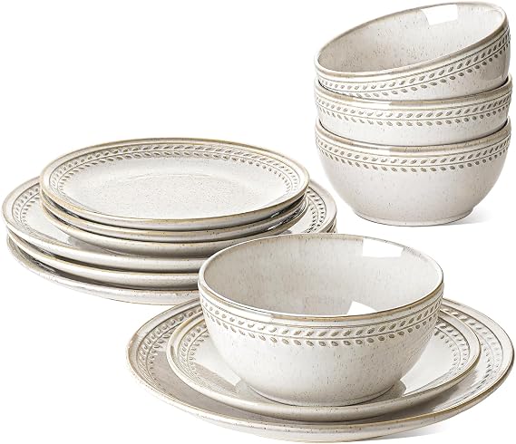 LE TAUCI Plates and Bowls Sets for 4, 12 Piece Ceramic Dinnerware Sets, Kitchen Stoneware Dish Set, Chip Resistant, Microwave & Dishwasher Safe, Beige Wheat (8"&10" Plate, 27oz Bowl)