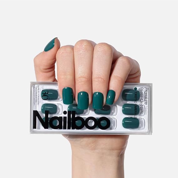 Nailboo Press On Nails, Salon-Quality Reusable Fake Nails for Fast DIY Manicure with Strong Hold Nail Glue for Press Ons, Nail File, Alcohol Prep Pads, Exotic Emerald