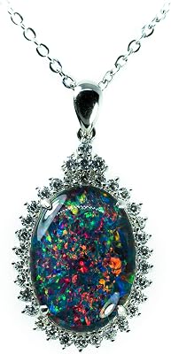 Australia Fire Opal Jewelry- Large Genuine Australian Triplets Opal Necklace Pendant White Gold Plated Sterling Silver Womens Jewelry